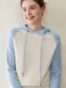 Novidade Outono e Inverno Tricô de Caxemira com Capuz para Mulheres, Tricô Folgado Aconchegante com Blocos de Cor e Manga Raglan, Tricô para Usar por Baixo, Moletom de Lã