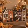 Decoración 2D de Halloween Otoño Acción de Gracias Pueblo de Casa Embrujada de Madera Adorno de Mesa Decoración Navideña para el Hogar de Otoño