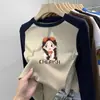 Camada de base quente para meninas, nova, versátil, gola redonda, estampa de desenho animado, emendada, manga longa, roupa íntima, camiseta top para crianças pequenas e médias