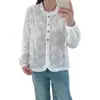 Colección Otoño 2026: Cuello de encaje estilo japonés, dobladillo abotonado de colores, blusa casual de manga larga con encaje para mujer