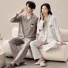 Pijama de Casal com Gola Lapela Outono/Primavera Manga Longa Cardigã Feminino com Bojo Desenho Doce Roupa para Casa Conjunto Outerwear