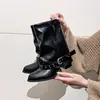 Piel Suave~Suela Gruesa Botas de Caballero Arrugadas Retro para Mujer Otoño/Invierno Tacón Grueso Punta Fina Botines Apilados Botas de Pantalón con Elevación Oculta