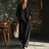 2026 Moda casual transfronteriza europea y americana para mujer, color liso, cuello en V, holgado, manga corta, pantalones largos casuales, conjunto de dos piezas, ropa para mujer