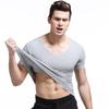 Camiseta masculina de manga curta, fina, de verão, com decote em V, cor sólida, justa, camisa básica masculina, slim fit, sem costura, camiseta bonita