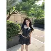 Conjunto de Top com Gola Peter Pan Estilo Coreano e Saia com Laço, Conjunto de Duas Peças Cinza Fashion de Verão