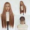 Peluca de mujer de estilo europeo y americano, con encaje frontal, hecha a mano, cabello largo y liso color café, fibra resistente al calor, cobertura completa de la cabeza, venta al por mayor de fábrica