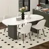Mesa de comedor de color crema, moderna y lujosa con tapa de piedra para uso doméstico, con un diseño moderno y minimalista de forma ovalada negra, adecuada para comedores