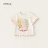 Roupas Infantis Bangxuan Verão Blusas Finas com Blocos de Cor e Gola Redonda para Meninas, Camiseta Infantil de Manga Curta com Toque de Algodão