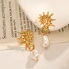 Pendientes Yingtai de Acero Inoxidable y Acero de Titanio con Colgante de Caballito de Mar y Perla de Imitación Pulidos Finamente con Recubrimiento al Vacío en Oro de 18K Que No Se Desvanecen para Mujer