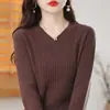 Suéter de punto de algodón puro transfronterizo para mujer, nuevo suéter de canalé de color liso con cuello en V y mangas largas para primavera y otoño, camiseta básica de corte holgado