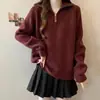 Suéter de malha com zíper parcial e gola alta para mulheres, outono e inverno, corte solto, mangas raglan, estilo casual, macio e grosso, pulôver versátil