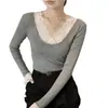 Camiseta de Manga Longa Patchwork de Renda 'Pure Desire' Outono/Inverno 2026 para Mulheres, Corte Justo, Fina, Emagrecimento, Camada Base