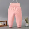 Calça térmica acolchoada de três camadas para bebês, dupla finalidade, cintura alta, proteção da barriga, calça de algodão espessa para recém-nascidos