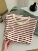 Camiseta de manga larga a rayas con cuello redondo estilo coreano, corte holgado, estilo casual para principios de primavera, top pullover versátil de algodón puro