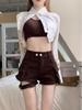 Shorts de mezclilla de trabajo de cintura alta y corte slim con doble botón de estilo retro americano para mujer, pantalones de pierna ancha, pantalones casuales, pantalones cortos, estilo nuevo de verano para mujer