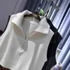 Chaleco de lana estilo coreano para mujer, corte holgado, media cremallera, cuello camisero, cuello alto, sin mangas, suéter de punto, estilo universitario