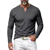Camiseta base de punto acanalado elástico resistente para hombre, manga larga, cuello en V Henley, retro, simple, tipo chico duro, transfronteriza europea y americana, otoño e invierno