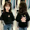 Camiseta de manga comprida para meninas, estilosa e moderna, algodão puro, top para o início do outono, casual estilo coreano, falsa peça dupla, camiseta infantil de desenho animado
