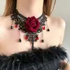 Collar gótico de encaje negro y rojo con rosa para Halloween, accesorio gargantilla, adorno de cuello subcultural, accesorio decorativo
