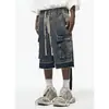 Shorts Jeans Rasgados Lavados Estilo Americano Vintage para Homens, Estilo High Street, Multi-Bolsos, Design Solto de Perna Reta, Calça de Cinco Pontos de Perna Larga