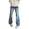 Estilo Vibe de la Calle Principal Americana Diseño de Nicho Agrietado Rayo Jeans Azul Claro Lavado Pantalones Largos Ligeramente Acampanados para Hombre