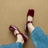 Sapatos básicos de cano baixo, lisos e com strass, salto grosso, vinho tinto, couro envernizado de ovelha, salto médio para mulheres