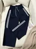 Pantalones Deportivos de Algodón a Rayas Estilo Americano con Cordón para Mujer, Pierna Ancha, Talla Grande 2026 Otoño, Cintura Alta, Corte Holgado, Adelgazantes