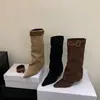 Botas altas hasta la rodilla para mujer, diseño de nicho, uso bidireccional, tacón de cuña, botines de moda, gamuza, botas vaqueras occidentales