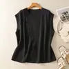 Camisa de Lino Sarga Transpirable Color Sólido Cuello Redondo Botones Diagonales para Mujer, Top Casual Irregular de Verano