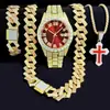 Conjunto de Colar Cruzado Banhado a Diamante e Relógio para Homens e Mulheres, Conjunto de Relógio Hip-Hop Totalmente Decorado com Diamantes