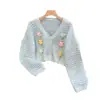 Jaqueta Cardigã Vazada Doce e Jovem Estilo Coreano para Mulheres, Blusa de Tricô para Primavera e Outono com Decoração de Estrela 3D, Cobertura Protetora Solar