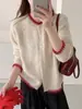Cardigan de tricô redondo com blocos de cor listrados estilo retrô coreano para mulheres, novo top de tricô interno macio e jovem para outono e inverno
