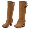 Nuevas botas de moda de talla grande para otoño e invierno, botas de caña alta versátiles, color liso, punta redonda, cremallera lateral, botas de tacón alto para mujer