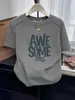 Camiseta de Algodón Puro de Manga Corta con Hombro Recto Estilo Nuevo 2026 para Mujer, Corte Delgado, Camiseta Base Gris Adelgazante, Top de Verano