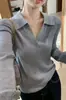 ¡Seda y lana! Suéter de punto con cuello polo, camiseta básica de manga larga, elegante suéter para mujer 3956