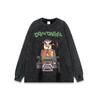 Camiseta de manga larga lavada con estampado de dibujos animados de anime japonés para hombre, top básico retro de moda nacional de gran tamaño para pareja, otoño