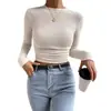 Camiseta de Manga Larga a Cuadros Redonda para Mujer con Aspecto Adelgazante, Top Plisado, Transfronterizo Europeo y Americano, Amazon, Otoño e Invierno, Delgado y Versátil