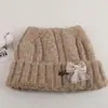 Gorro de lana coreano para otoño e invierno, cálido, con orejas de gato, lazo de perlas, tejido con puntos de colores, adecuado para cabezas grandes