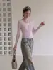 Cardigan de tricô de seda gelada com gola V franzida estilo francês para proteção solar, xale de verão para mulheres, adequado para ser usado com saia, casaco fino curto