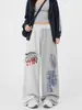 Pantalones de Chándal Anchos con Estampado de Letras Estilo Casual Americano Nuevo de Verano Unisex Grises Sueltos con Cordón Hasta el Suelo Modernos