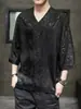 Camiseta de verano holgada para hombre con tacto de seda helada, diseño de cuello en V, estilo Hanfu, top de nicho de manga tres cuartos, fina, estilo chino