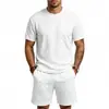 Conjunto Masculino Jacquard Xadrez Texturizado de Toalha Pesada, Solto, Simples e Moderno, Gola Redonda, Manga Curta, Atacado para Homens