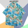 Camisa de Seda Gelo Havaiana Masculina Tendência Manga Curta Verão Masculino Estilo Hong Kong Retro Flor de Praia Jaqueta Masculina