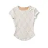 AP26098-26 Camiseta Pulôver Manga Curta Gola Redonda Bainha Curva Estilo Coreano Estilo Puro Desejo Renda