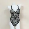 Body de encaje sexy para mujer, escote en V profundo, hueco, transparente, tentación apasionada, body con entrepierna abierta 75032