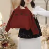 Conjunto de Roupa de Ano Novo para Meninas: Conjunto Elegante e Versátil de Suéter Vermelho Grosso e Saia de Lantejoulas Duas Peças para Bebês Meninas