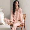 Pijama para Mulheres 2025 Novo Outono Algodão Nuvem Fofo Gola Redonda Conjunto Cardigã Roupa de Casa Primavera e Outono com Bojo