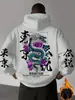 Sudadera con capucha para hombre adulto, estampado de dragón japonés y carácter chino, corte holgado casual para streetwear, cálida para otoño e invierno