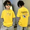 Camiseta de algodón 100% pura para niño, nueva de 2026, ropa infantil, imitación de dos piezas, manga larga, rayas, retazos, para primavera y otoño