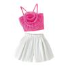 26 Nuevos Estilos de Verano de Tirantes para Niñas Estilo Europeo y Americano con Tops de Malla Floral y Shorts Plisados Están en Stock